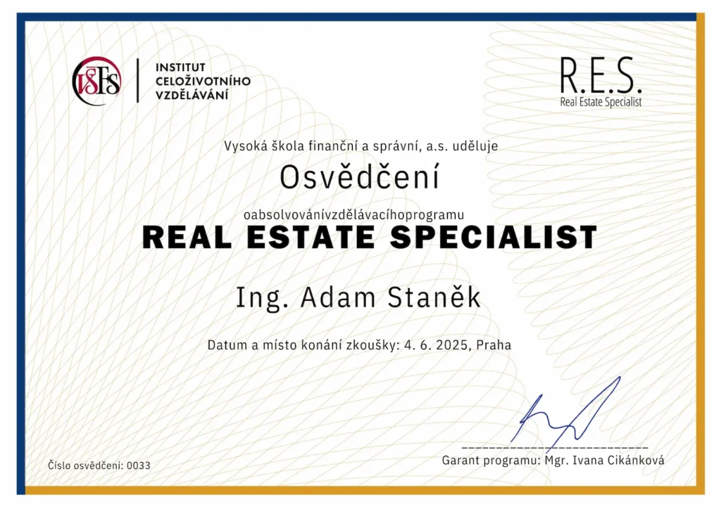 certifikát realitní specialista Adam Staněk STANEK REAL realitní kancelář Brno