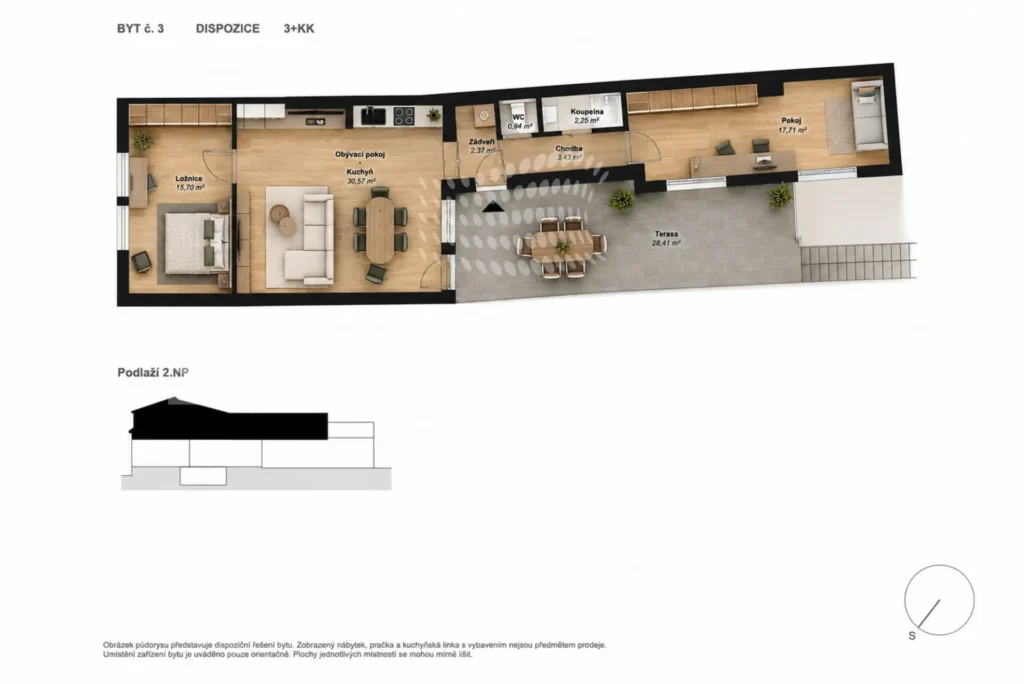 Půdorys Prodej bytu 3+kk, 73 m², Zbýšov